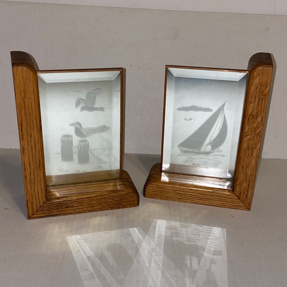 Vintage Nautical Theme Bookends Light Tone Wood with Etched Sea Gulls Sailboat